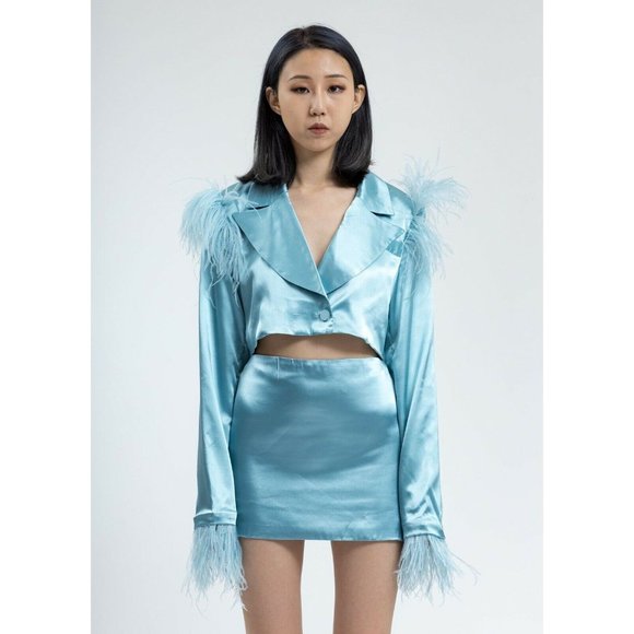 Danielle Guizio Light Blue Feather-Trimmed Jacket - Picture 1 of 10